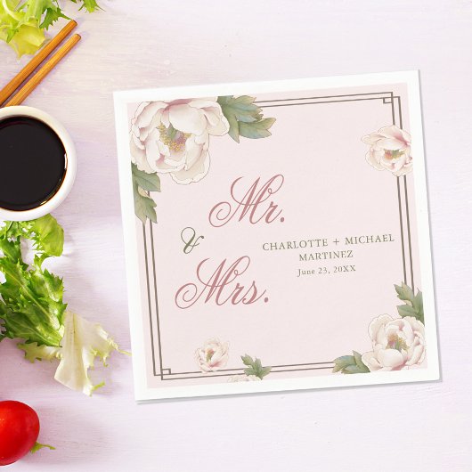 Blush Pink Peony Rose Floral Wedding Mr. and Mrs. Serviette