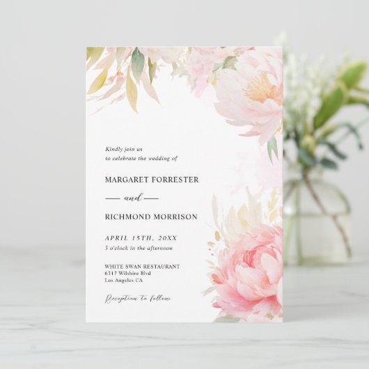 Blush Pink Peony Sage Grüne Frühlingsblume Hochzei Einladung (Stehend Vorderseite)