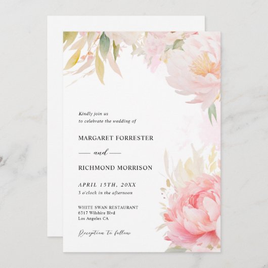 Blush Pink Peony Sage Grüne Frühlingsblume Hochzei Einladung (Vorne/Hinten)