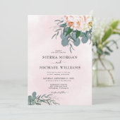 Blush Pink Peony Watercolor Eukalyptus Wedding Einladung (Stehend Vorderseite)