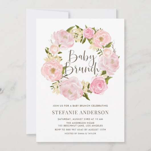 Blush Pink Peony Wreath Baby Brunch Einladung (Vorderseite)