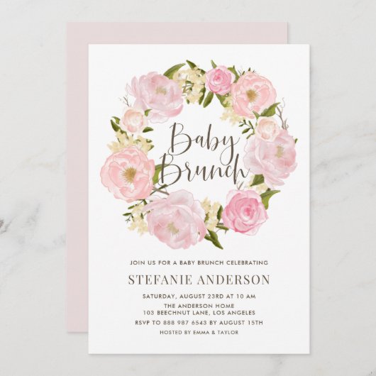 Blush Pink Peony Wreath Baby Brunch Einladung (Vorne/Hinten)