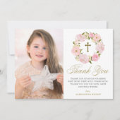 Blush Pink Peony Wreath Erste Heilige Kommune Dankeskarte (Vorderseite)