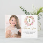 Blush Pink Peony Wreath Erste Heilige Kommune Dankeskarte (Stehend Vorderseite)