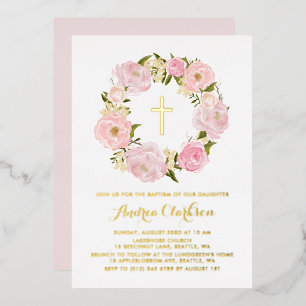 Blush Pink Peony Wreath Floral Baby Girl Taufe Folieneinladung