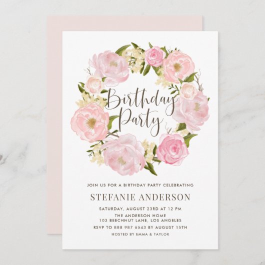 Blush Pink Peony Wreath Geburtstagsparty Einladung (Vorne/Hinten)