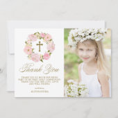 Blush Pink Peony Wreath Gold Erste Heilige Kommune Dankeskarte (Vorderseite)