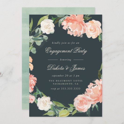 Blush Pink Peonys & Eukalyptus Engagement Party Einladung (Vorne/Hinten)