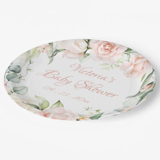 Blush Pink Personalisierte Blütendusche Pappteller (Schrägansicht)