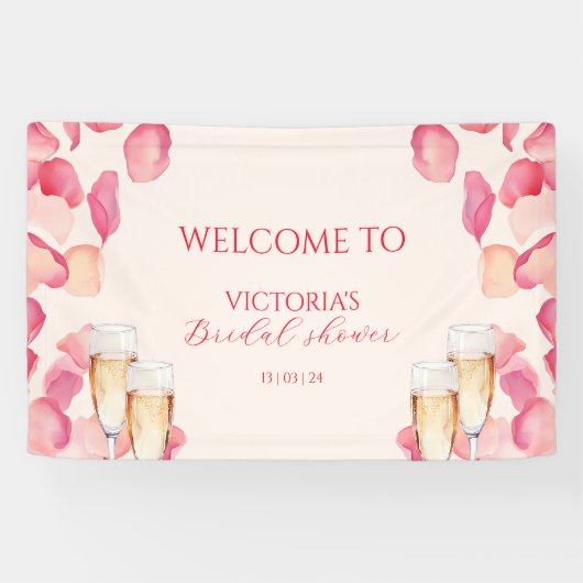 Blush Pink Petals & Prosecco Brautparty Willkommen Banner (Horizontal)