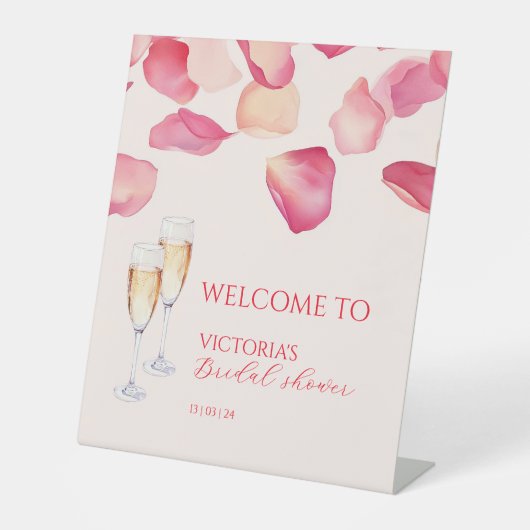 Blush Pink Petals & Prosecco Brautparty Willkommen Sockelschild (Vorderseite)