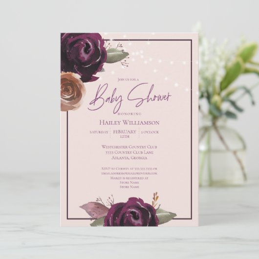 Blush Pink, Pflaume, Lila String Lights Babydusche Einladung (Stehend Vorderseite)