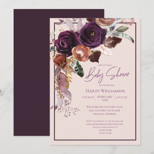 Blush Pink, Pflaume, Pink und Gold Baby Dusche Einladung (Vorne/Hinten)