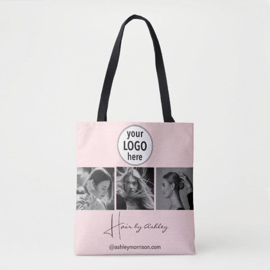 Blush Pink Photo Black Script Hair Stylist  Tasche (Vorderseite)