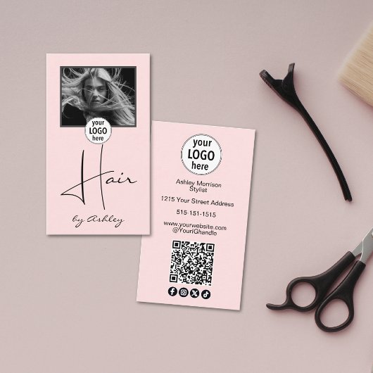 Blush Pink Photo Script Hair Logo QR Code Social  Visitenkarte