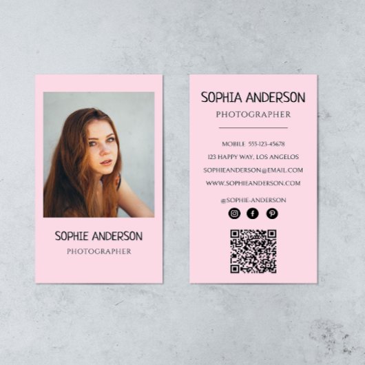 Blush Pink Photographe Photo with QR Code Visitenkarte