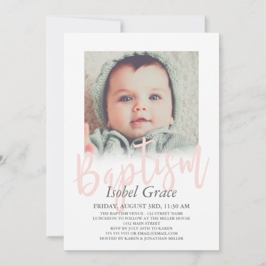 Blush Pink Pinselstrich Pinselstrich Foto Taufe Einladung (Vorderseite)