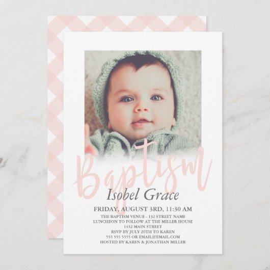 Blush Pink Pinselstrich Pinselstrich Foto Taufe Einladung (Vorne/Hinten)