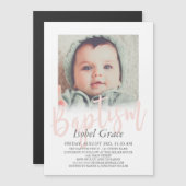 Blush Pink Pinselstriche Script Foto Taufe Magneteinladung (Vorne/Hinten)