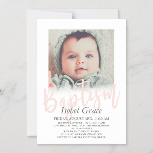 Blush Pink Pinselstriche Script Foto Taufe Magneteinladung (Vorderseite)