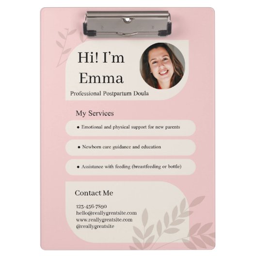 Blush Pink Postpartum Doula Professional Design Klemmbrett (Vorderseite)