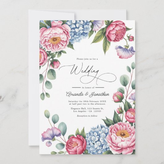 Blush Pink, Powder Blue & Lavender Floral Wedding Einladung (Vorderseite)