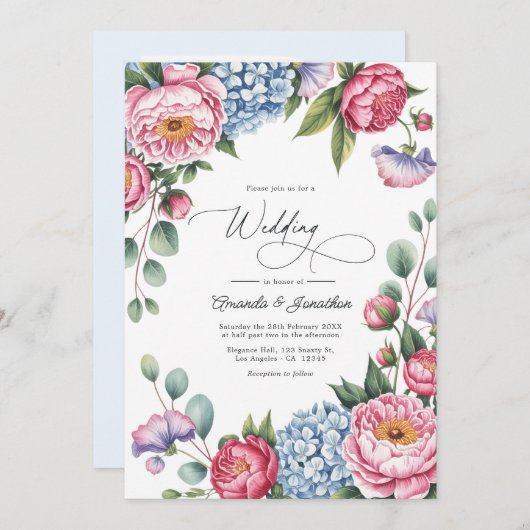Blush Pink, Powder Blue & Lavender Floral Wedding Einladung (Vorne/Hinten)