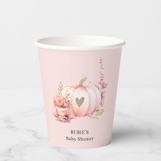 Blush Pink Pumpkin Floral Gold Heart Baby Dusche Pappbecher (Vorderseite)