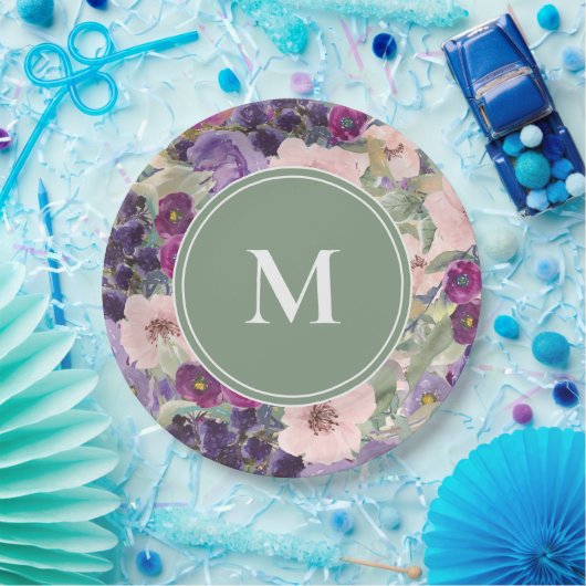 Blush Pink Purple Blumen Sage Green Monogram Pappteller (Party)