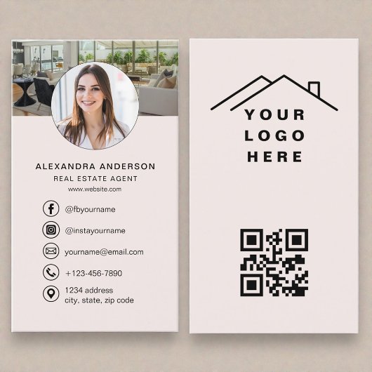 Blush Pink QR Code Real Estate Agent Photo Logo Visitenkarte