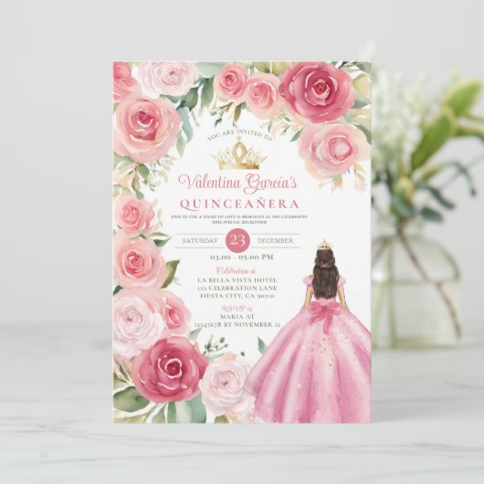 Blush Pink Quinceañera 15 Anos Flowers Gold Einladung (Stehend Vorderseite)