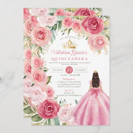 Blush Pink Quinceañera 15 Anos Flowers Gold Einladung (Vorne/Hinten)