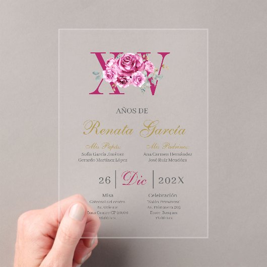 Blush pink quinceañera with pink rose acryleinladungen (Insitu (Handheld))