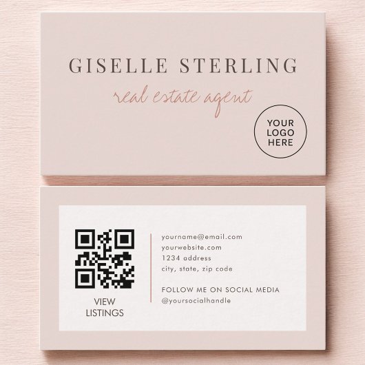 Blush Pink Real Estate Agent Logo QR Code Visitenkarte