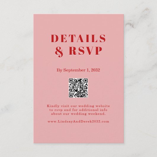 Blush Pink Red Bold Font QR Code Wedding RSVP  Begleitkarte (Vorderseite)