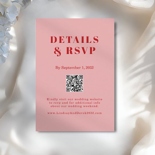 Blush Pink Red Bold Font QR Code Wedding RSVP Begleitkarte