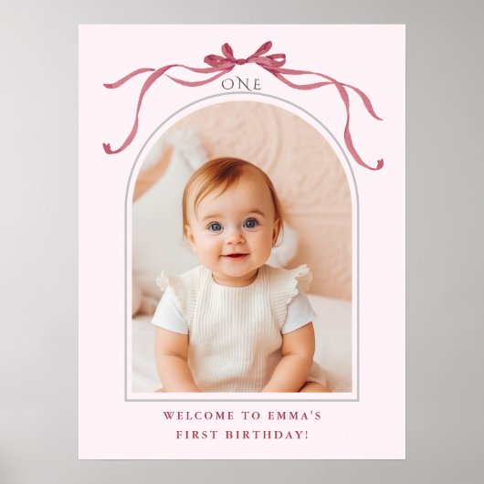 Blush Pink Red Bow 1st Birthday Photo Welcome Poster (Vorne)