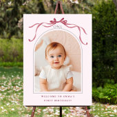 Blush Pink Red Bow 1st Birthday Photo Welcome Poster