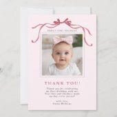 Blush Pink Red Bow Birthday Photo Dankeskarte (Vorderseite)