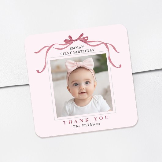 Blush Pink Red Bow Birthday Thank You Quadratischer Aufkleber