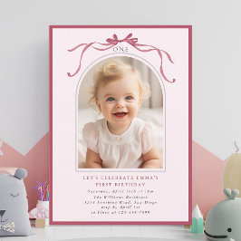 Blush Pink Red Bow Girl 1st Birthday Arch Photo Einladung