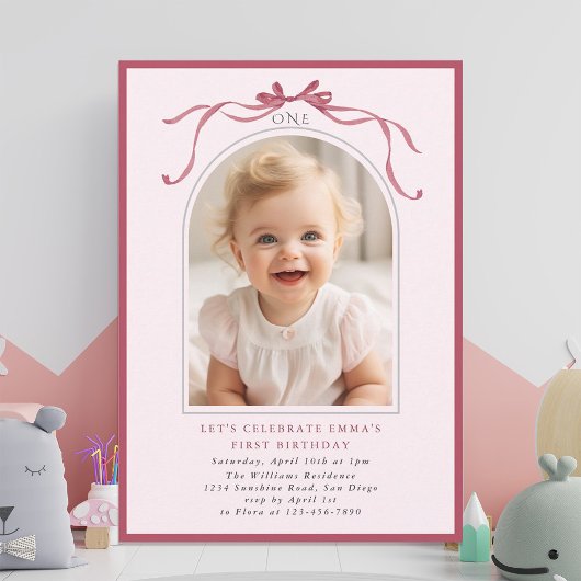 Blush Pink Red Bow Girl 1st Birthday Arch Photo Einladung