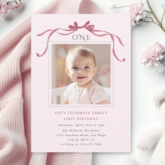 Blush Pink Red Bow Girl 1st Birthday Party Einladung