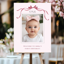 Blush Pink Red Bow Girl 1st Birthday Welcome Poster