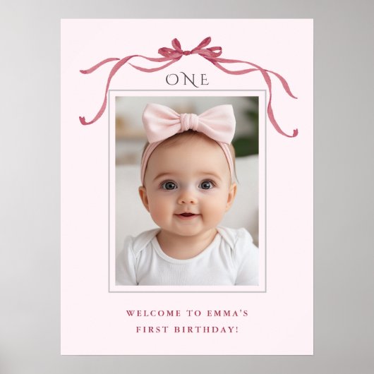 Blush Pink Red Bow Girl 1st Birthday Welcome Poster (Vorne)