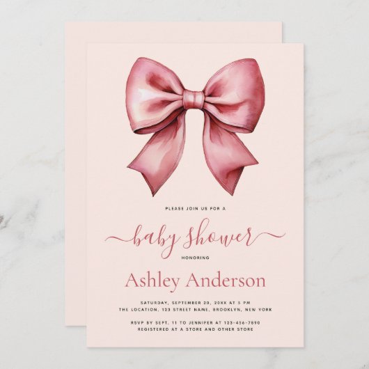 Blush Pink Red Bow Girl Baby Shower Einladung (Vorne/Hinten)