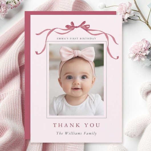 Blush Pink Red Bow Minimal Birthday Photo Dankeskarte