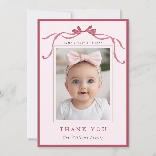 Blush Pink Red Bow Simple Birthday Photo  Dankeskarte (Vorderseite)