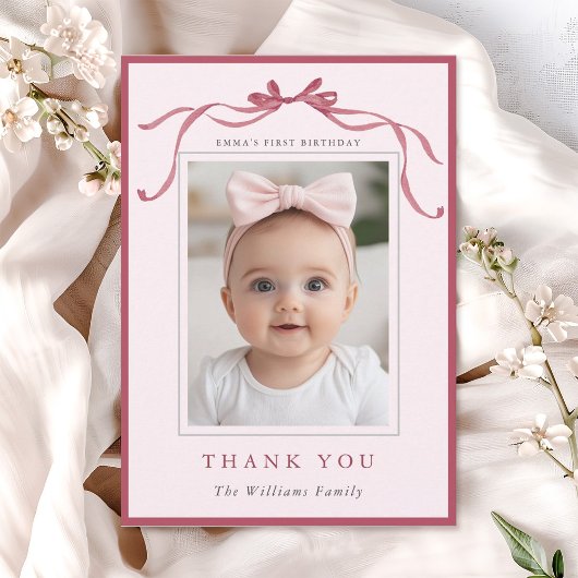 Blush Pink Red Bow Simple Birthday Photo Dankeskarte