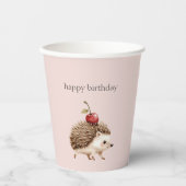 Blush Pink Red Cherry Adorable Hedgehog Birthday Pappbecher (Vorderseite)